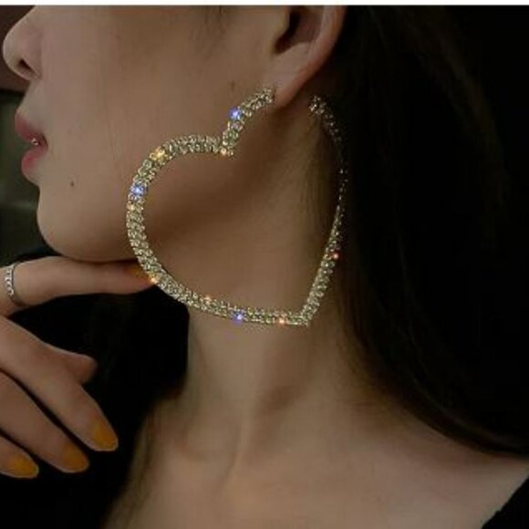 Silver Crystal Rhinestone Big Heart Fashion Statement Hoop Earrings - Picture 1 of 9